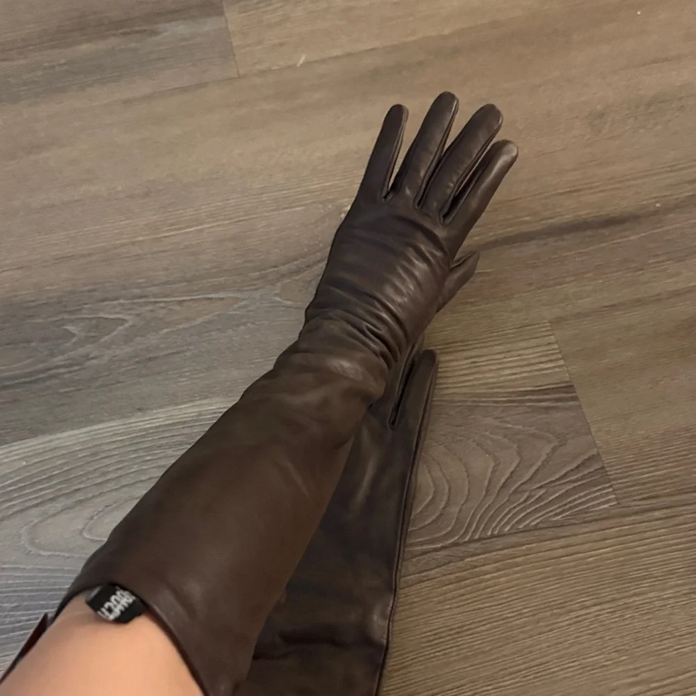 NWT brown calf leather elbow length fleece lined gloves